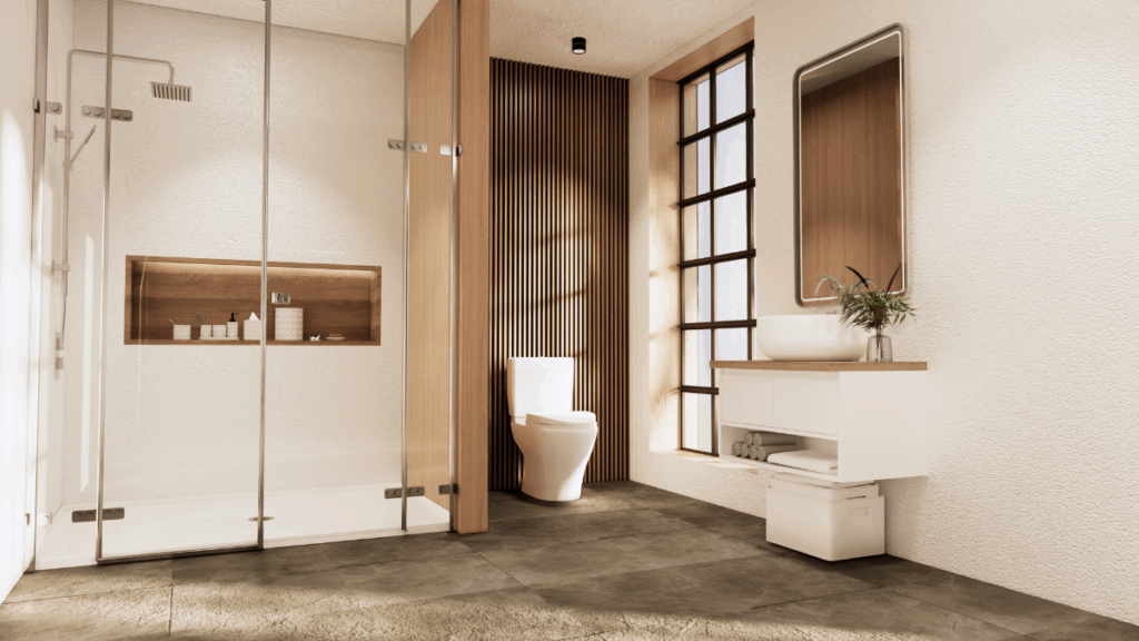 łazienka z drewnianymi elementami