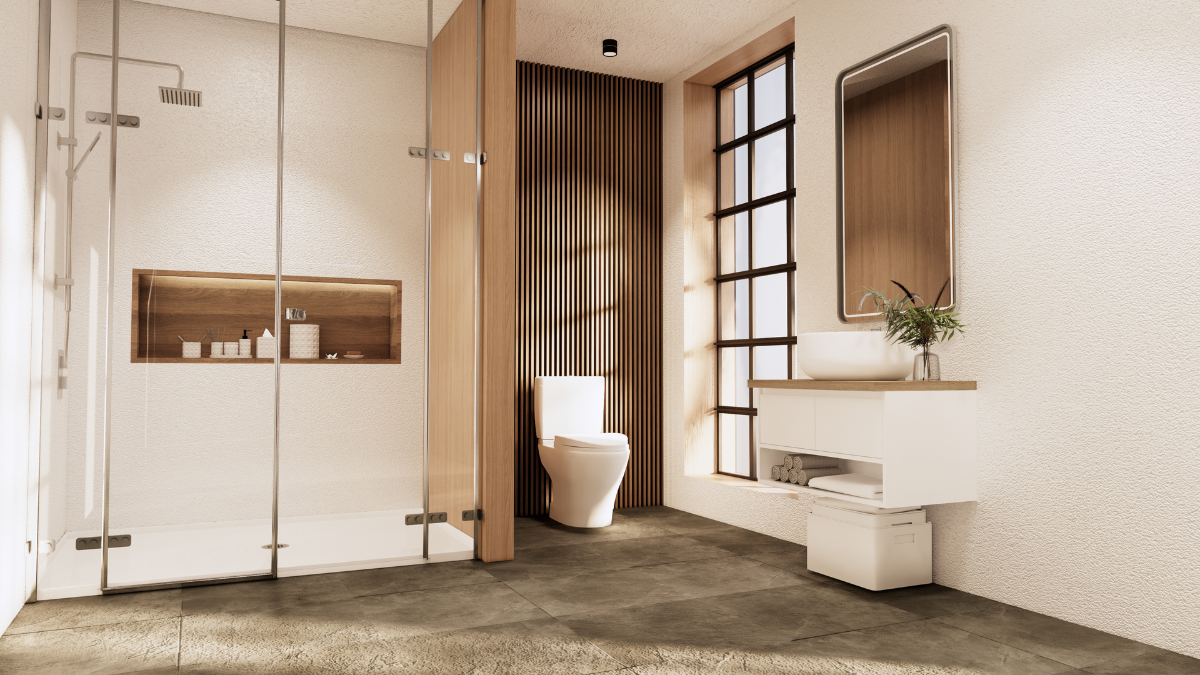 łazienka z drewnianymi elementami