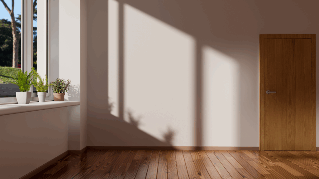 Jasne wnętrze z drewnianą podłogą, drzwiami w naturalnym kolorze i roślinami doniczkowymi na parapecie.