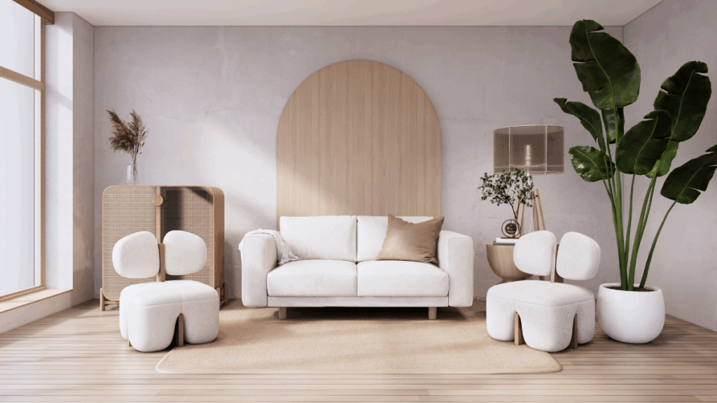 Jasne wnętrze w stylu japandi z białą sofą, designerskimi fotelami i naturalnymi materiałami.