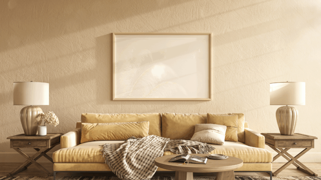 Jasny salon w naturalnych odcieniach z beżową sofą, drewnianymi stolikami i minimalistyczną dekoracją na ścianie.