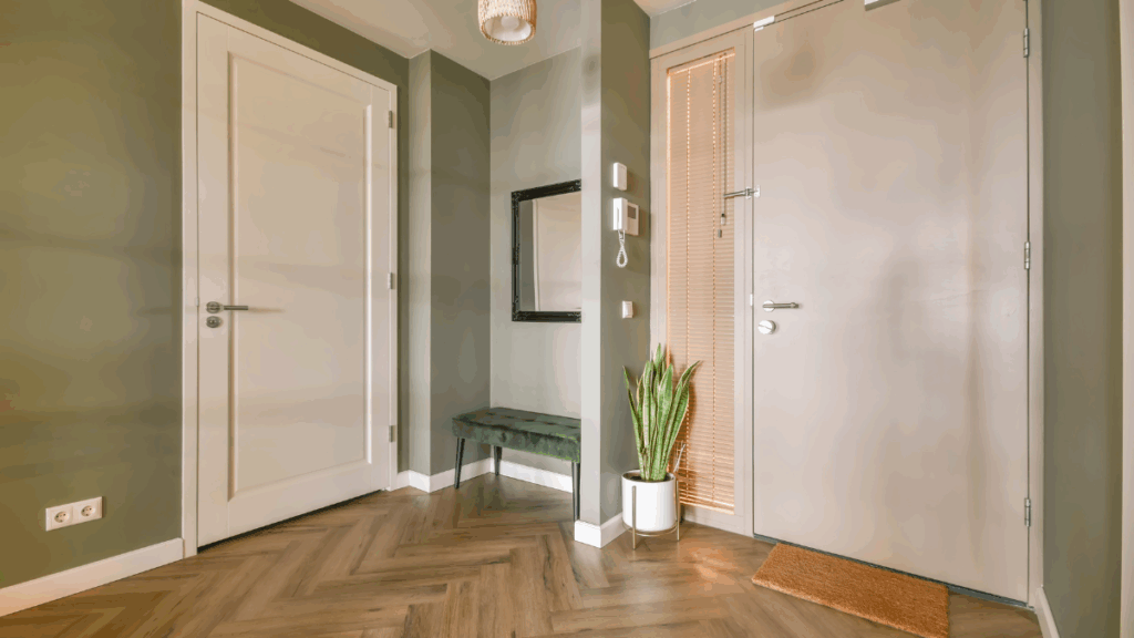 Nowoczesny przedpokój z drewnianą podłogą w jodełkę, jasnymi drzwiami, zieloną ławką, rośliną doniczkową i lustrem na ścianie.