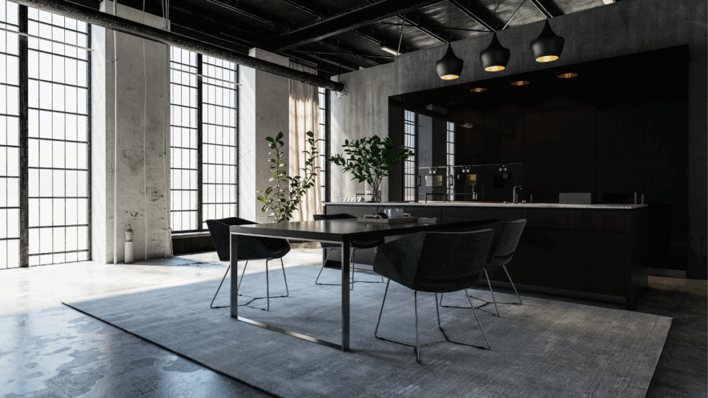 Salon industrialny z dużymi oknami i elegancką czarną kuchnią