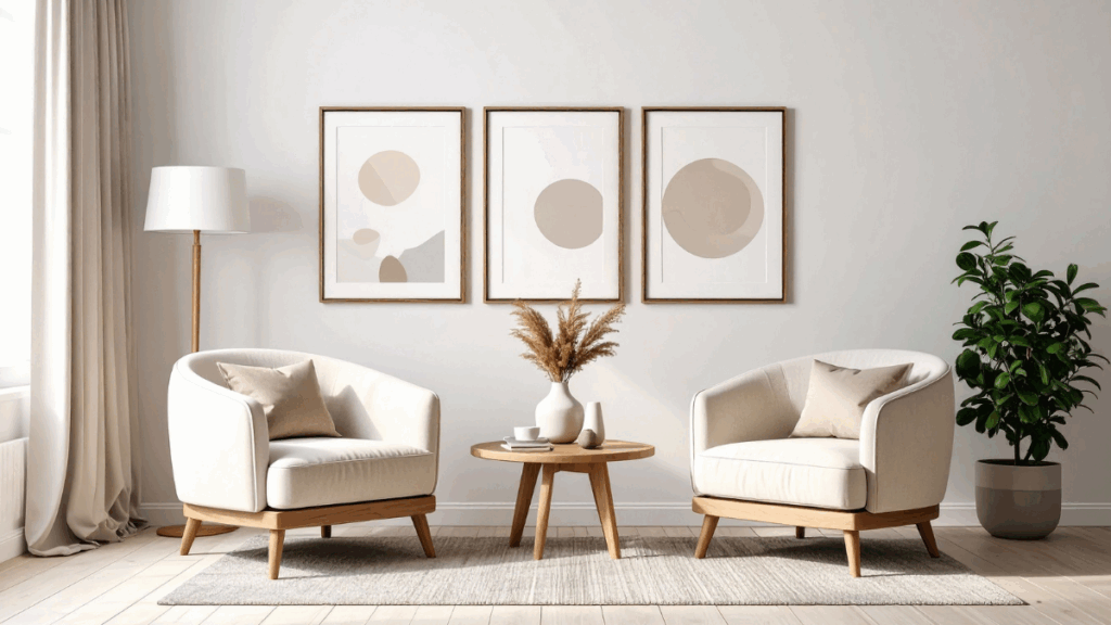 Minimalistyczny pokój z zasłonami, dywanem i roślinami