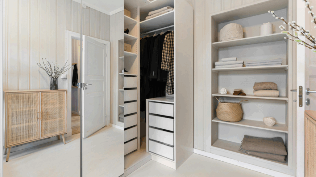 Garderoba z białą zabudową, półkami, szufladami i miejscem do przechowywania ubrań oraz dodatków