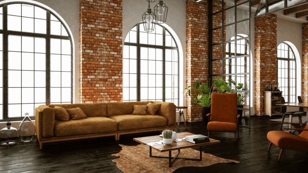 Salon w styl industrialny z ceglanymi ścianami i loftowym wystrojem