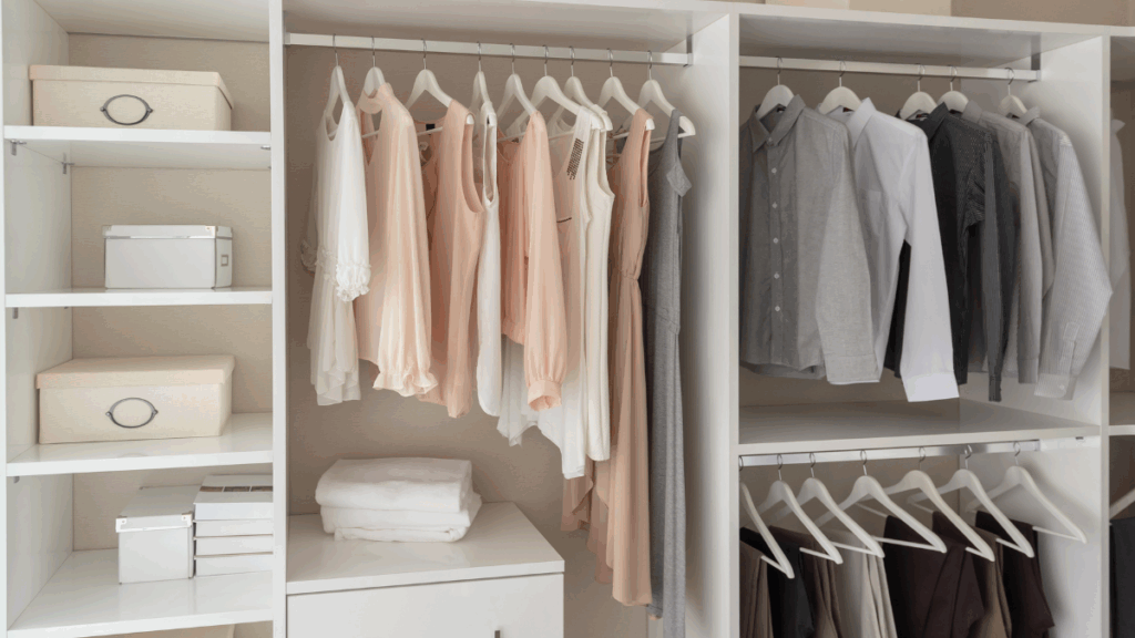 Mała garderoba na poddaszu ze skosami urządzona w jasnym stylu z otwartymi półkami, wieszakami na ubrania