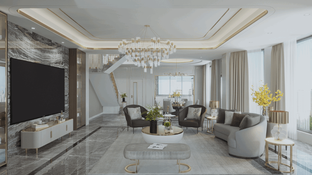 Nowoczesne mieszkanie w stylu glamour z eleganckimi meblami i dekoracjami