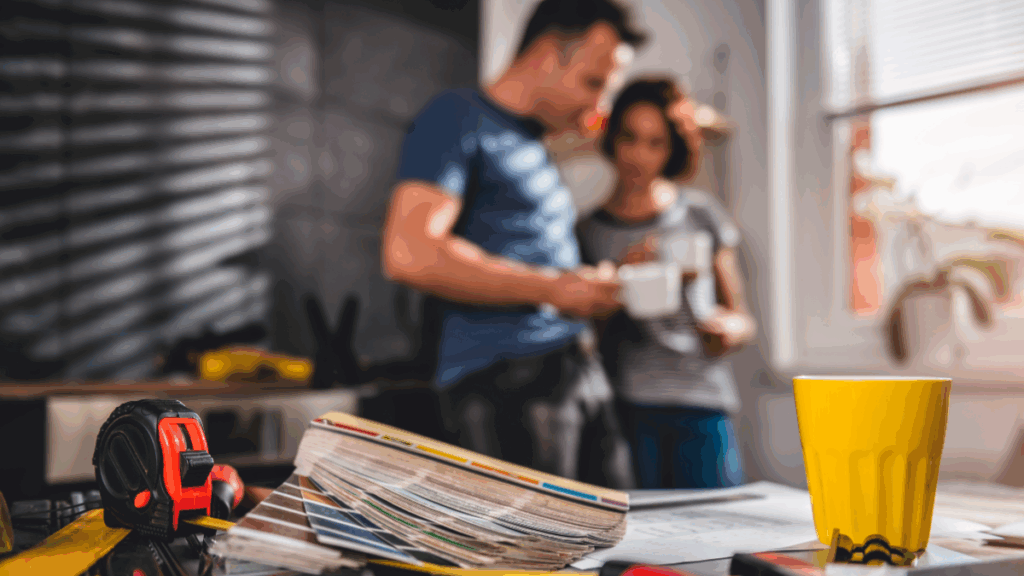 Para planująca remont mieszkania, wybierająca kolory z próbnika farb