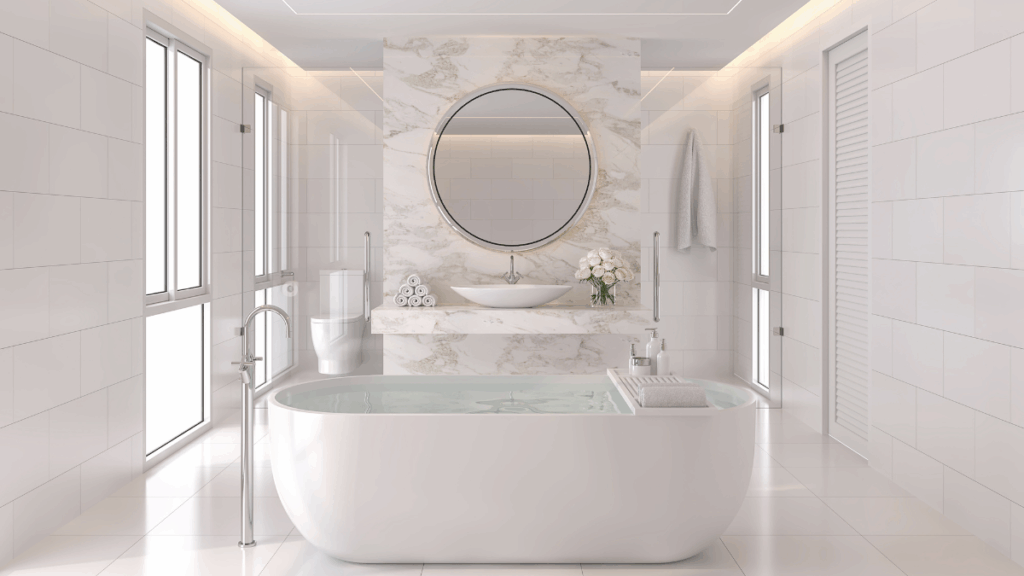 Biała łazienka z wolnostojącą wanną, marmurową ścianą i okrągłym lustrem