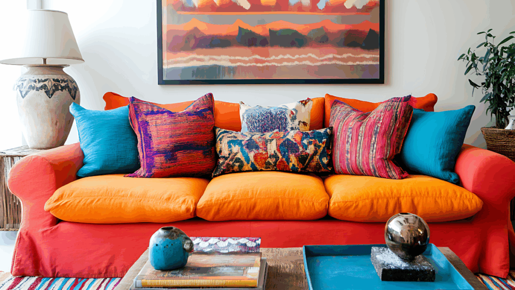 Styl eklektyczny w salonie z pomarańczową sofą i kolorowymi poduszkami