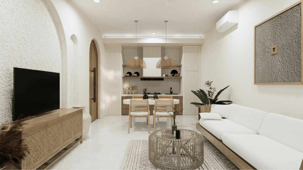 Salon z aneksem kuchennym w naturalnych odcieniach beżu i drewna