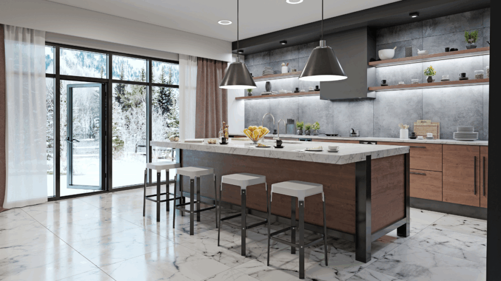 Kaszmirowa kuchnia z wyspą i marmurowym blatem