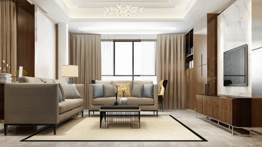 Stylowy salon z telewizorem zamontowanym na odpowiedniej wysokości