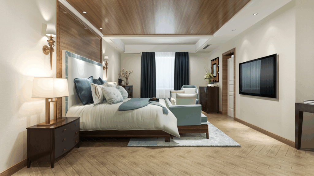 Nowoczesna sypialnia z telewizorem na ścianie