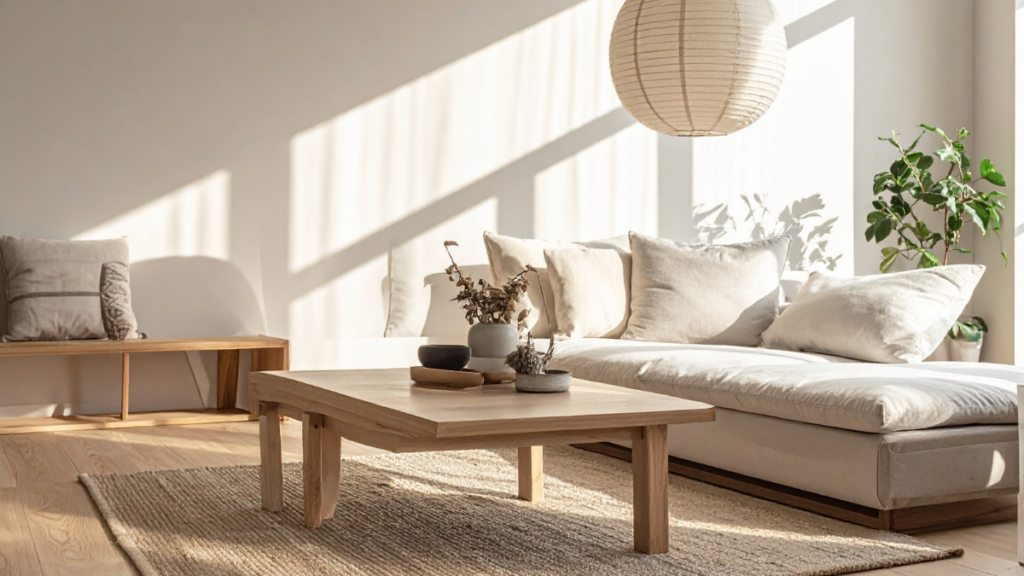 Dodatki do salonu z jasną sofą, roślinami i stolikiem