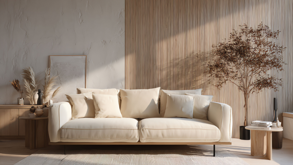 Salon skandynawski z jasną sofą i naturalnymi dodatkami