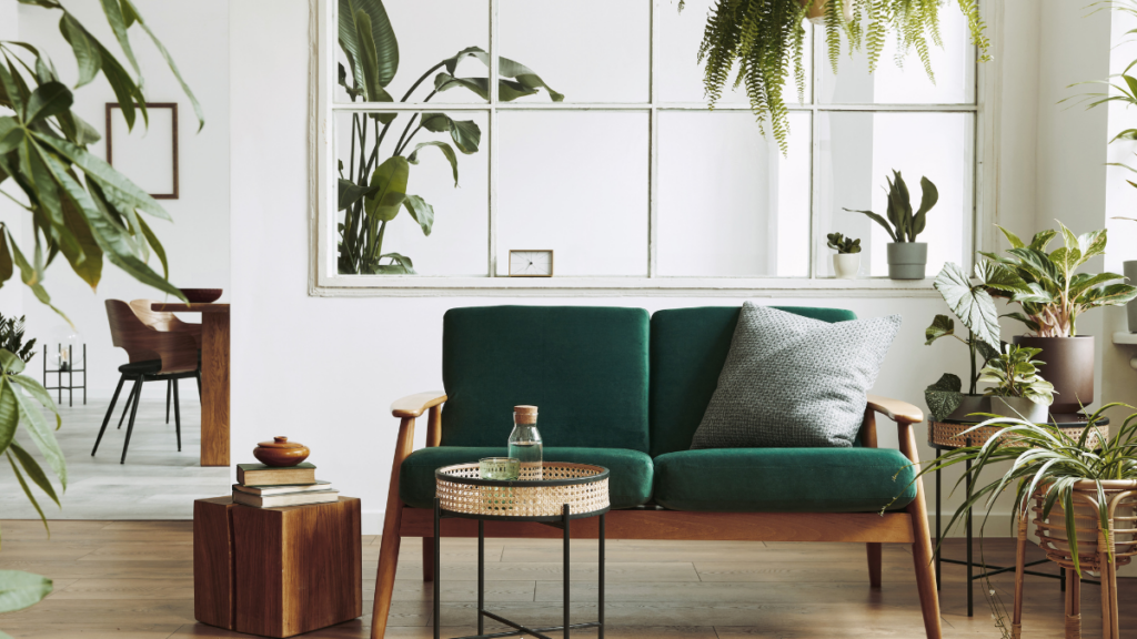 Home staging salonu z zieloną sofą, stolikiem i roślinami w doniczkach