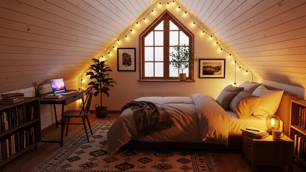 Sypialnia na poddaszu urządzona w przytulnym stylu