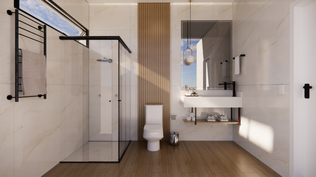 Elegancka łazienka na poddaszu z kabiną prysznicową