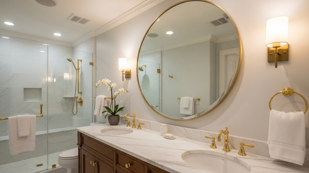 Elegancka łazienka z podwójną umywalką na marmurowym blacie