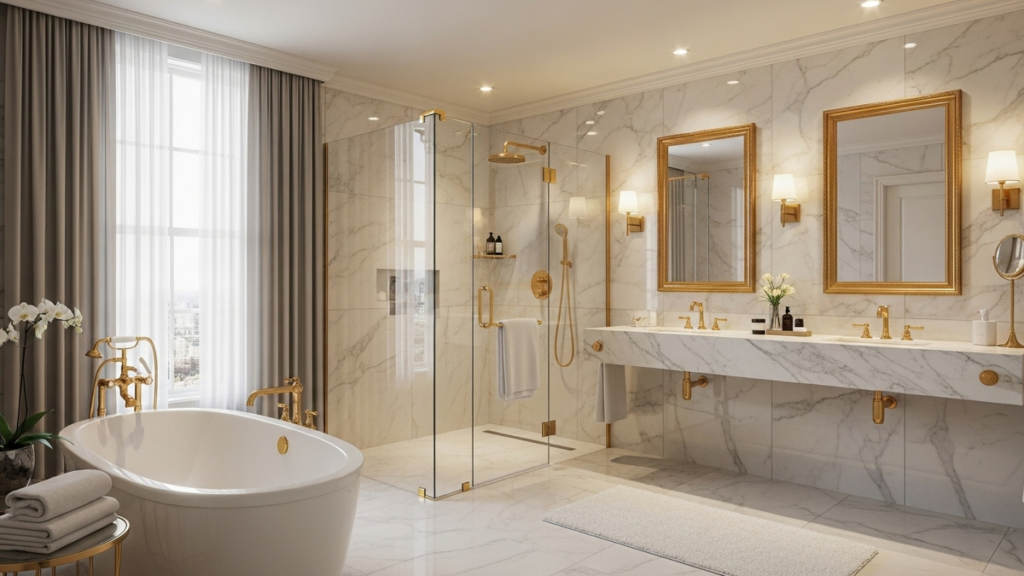 Luksusowa łazienka w styl art déco z marmurowymi ścianami