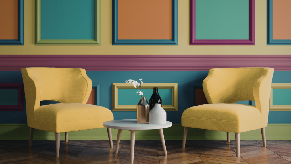 Dopamine decor w salonie - kolorowa aranżacja wnętrza z musztardowymi fotelami