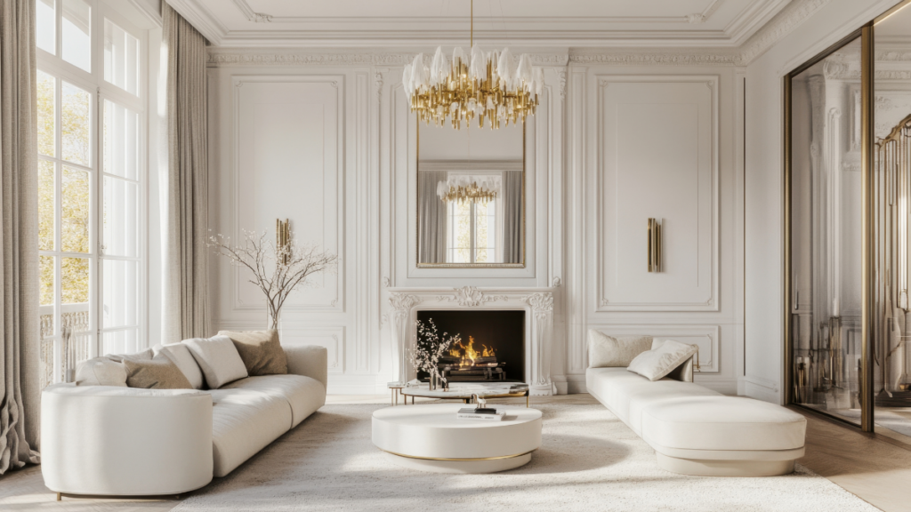 Elegancki salon w jasnej kolorystyce urządzony w styl art déco