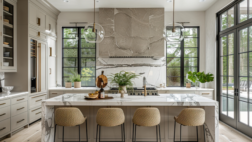 Kuchnia w stylu modern classic z marmurową wyspą i jasną zabudową