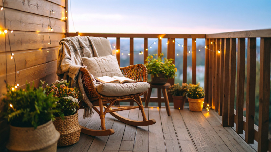 Mały balkon w bloku z drewnianymi meblami, roślinami i lampkami