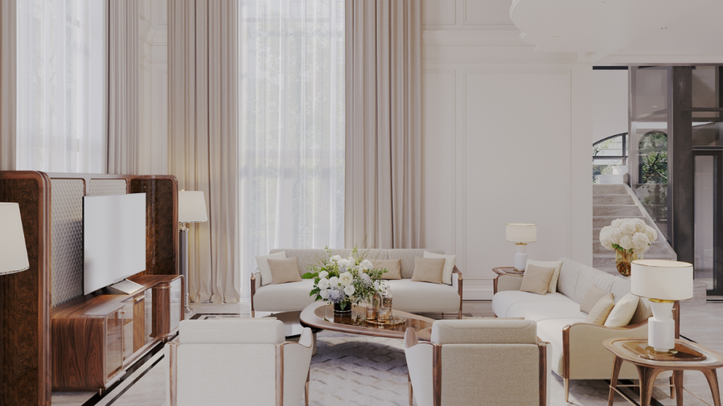 Elegancki salon w stylu modern classic z jasnymi meblami i dekoracyjnymi zasłonami