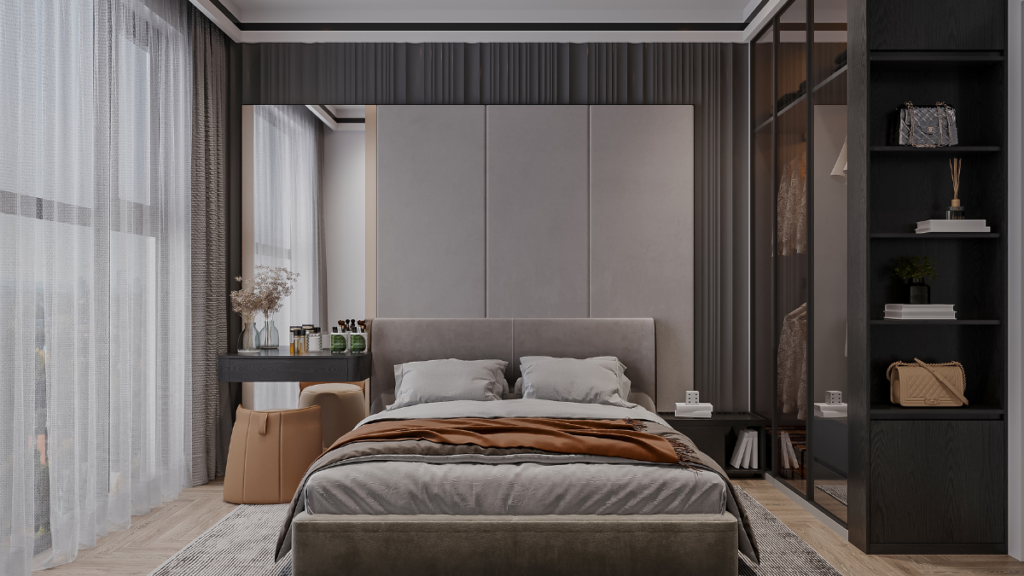 Nowoczesna sypialnia modern classic z tapicerowanym łóżkiem