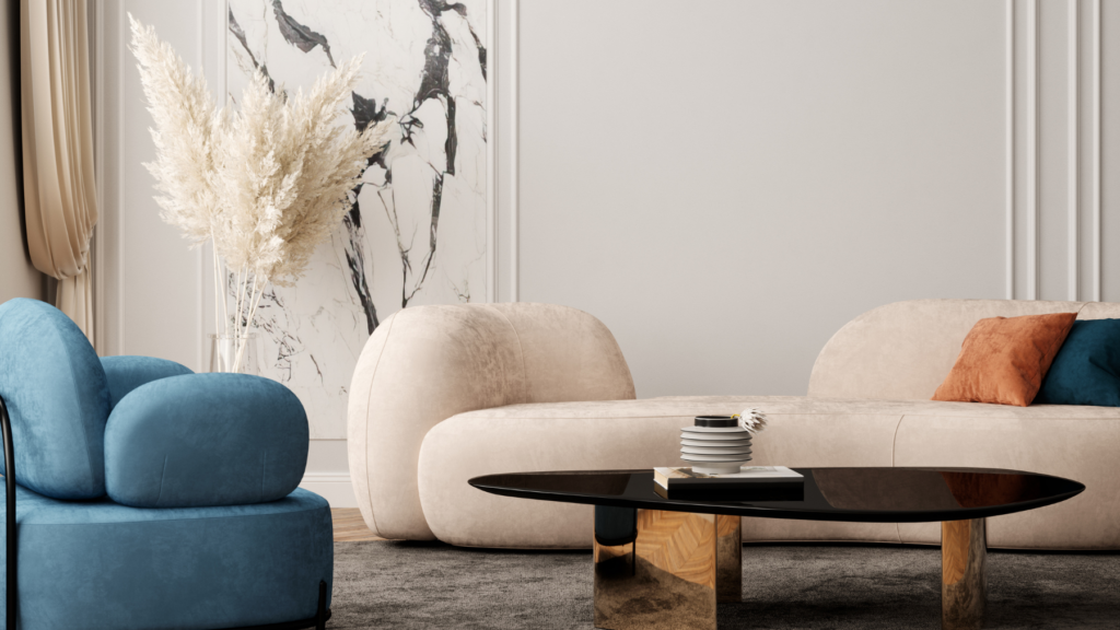 Salon w stylu mid century modern z jasną sofą i niebieskim fotelem