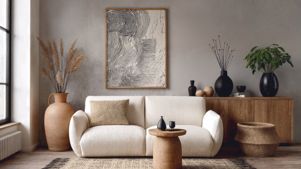 Salon w stylu mid century modern z kremową sofą i drewnianą komodą