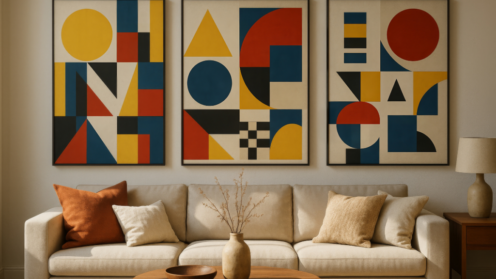 Salon w stylu Bauhaus z beżową sofą, drewnianym stolikiem i trzema geometrycznymi obrazami
